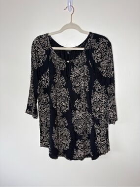 Lucky Brand Women’s Black and tan Boho Floral Print peasant Top 2X
